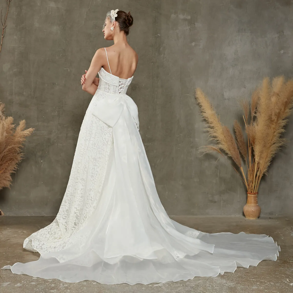 White Convertible Lace Spaghetti Straps Wedding Dress With Train