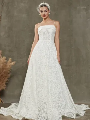 White Convertible Lace Spaghetti Straps Wedding Dress With Train