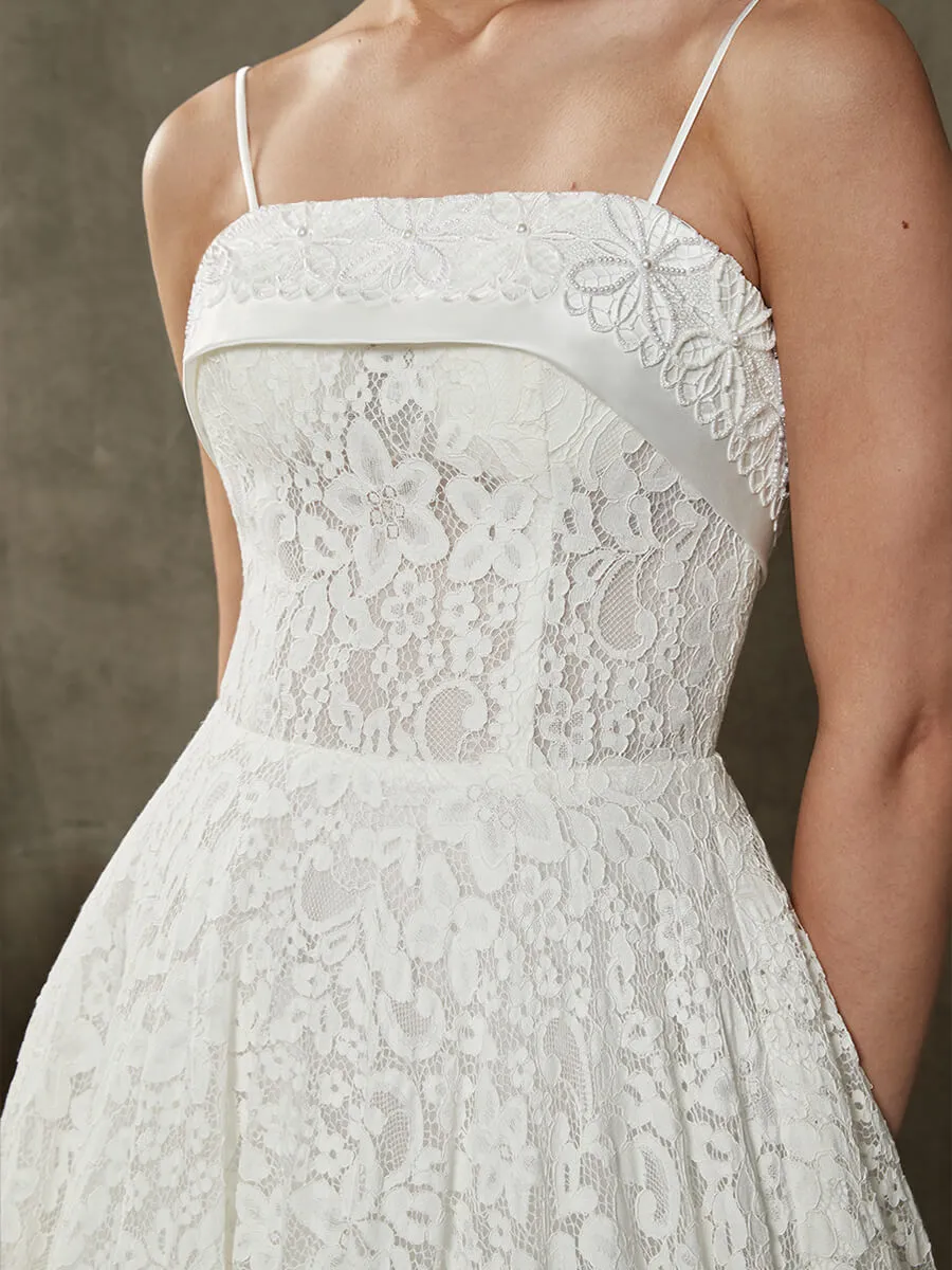 White Convertible Lace Spaghetti Straps Wedding Dress With Train
