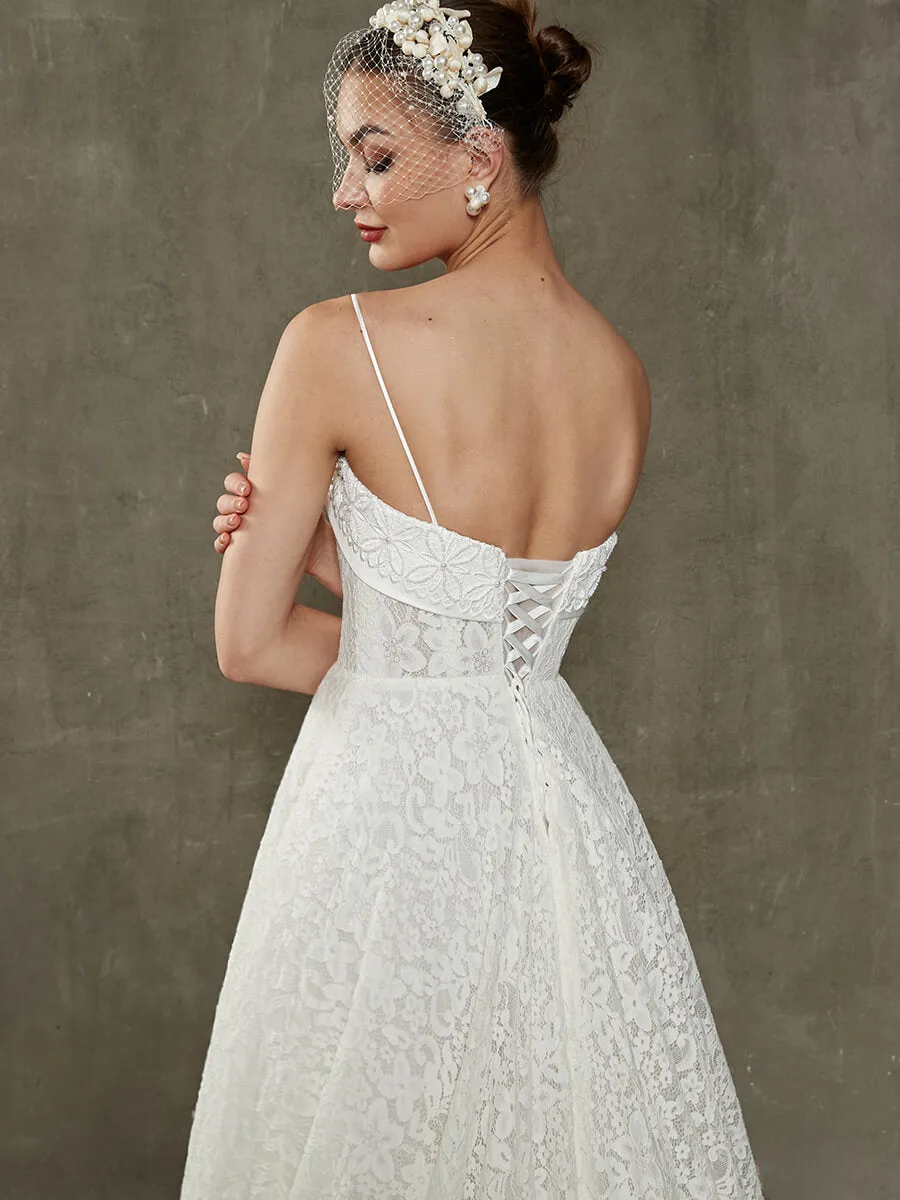 White Convertible Lace Spaghetti Straps Wedding Dress With Train