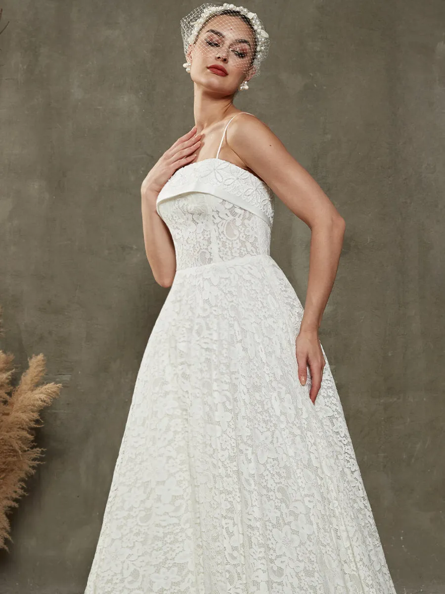White Convertible Lace Spaghetti Straps Wedding Dress With Train