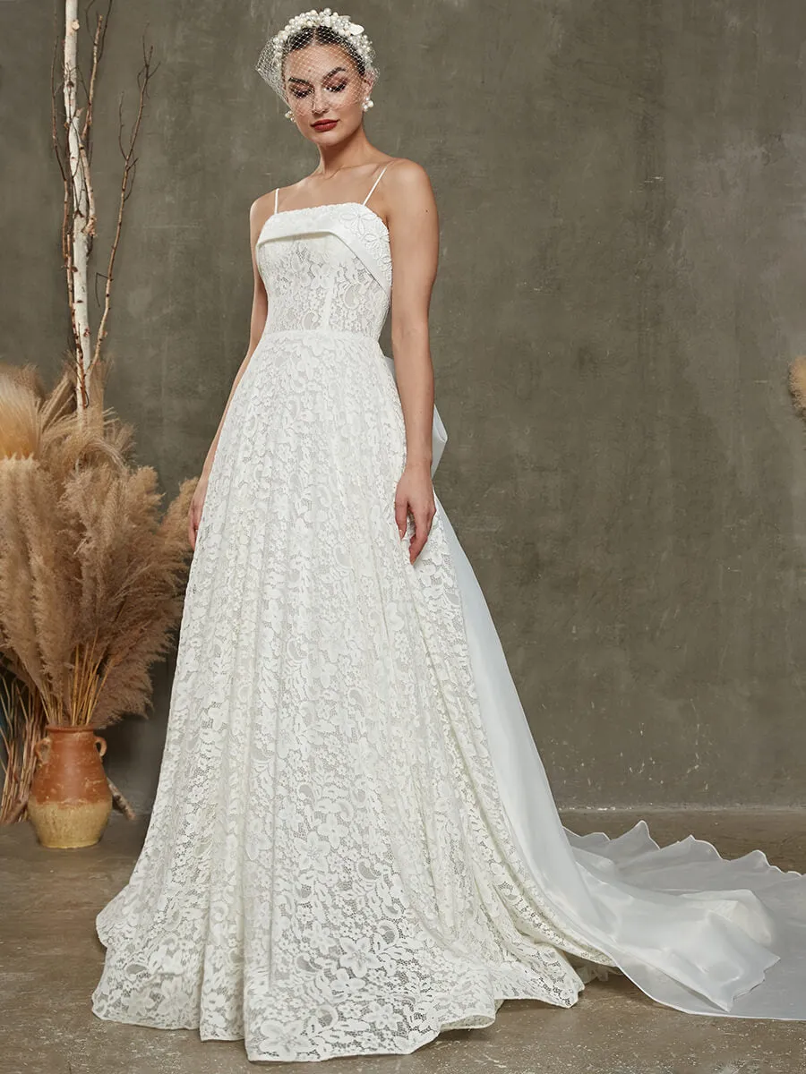 White Convertible Lace Spaghetti Straps Wedding Dress With Train