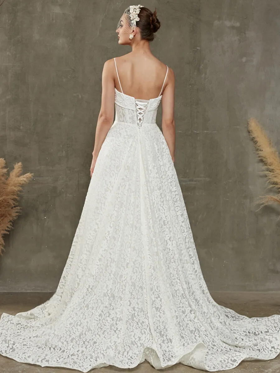 White Convertible Lace Spaghetti Straps Wedding Dress With Train