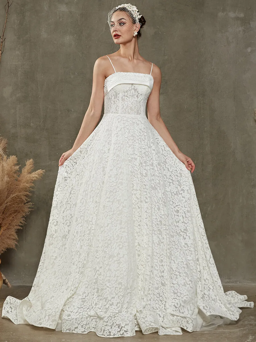 White Convertible Lace Spaghetti Straps Wedding Dress With Train