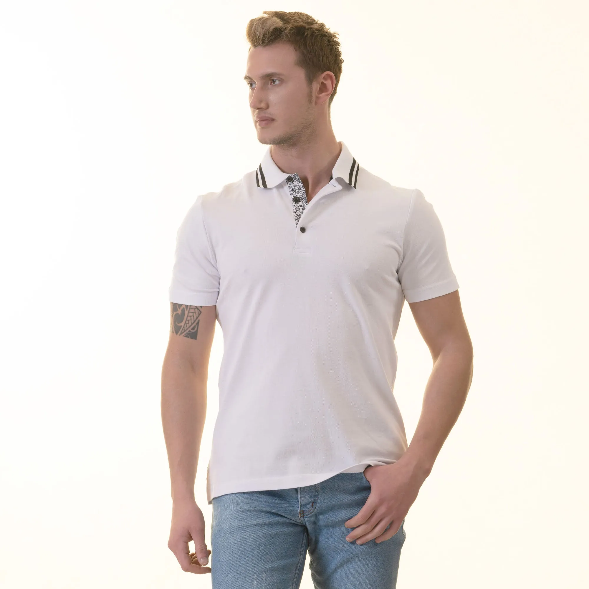 White inside Black Printed Mens Slim Fit Polo Shirts - 100% Soft Cotton - Tailored Comfortable Fit