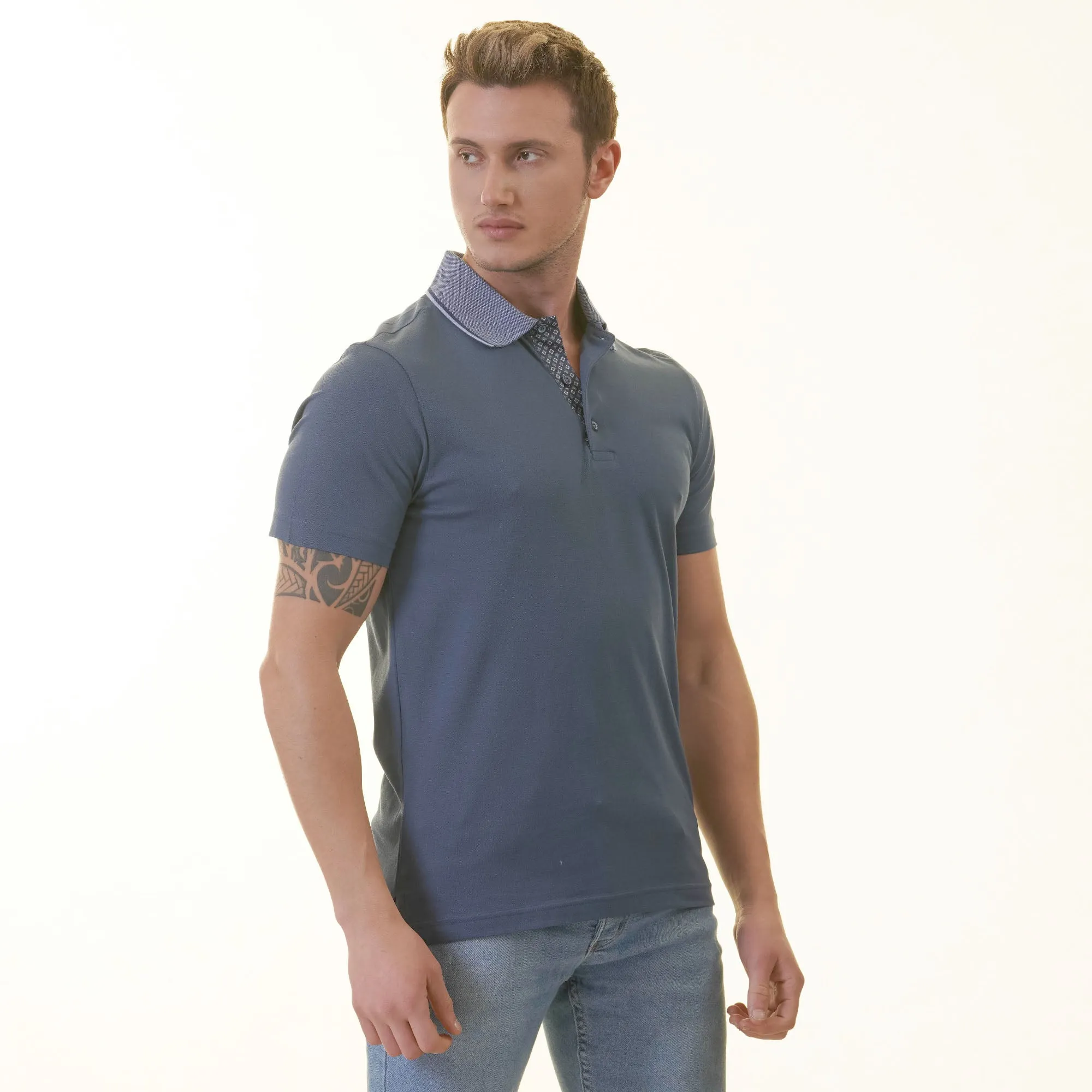 White inside Black Printed Mens Slim Fit Polo Shirts - 100% Soft Cotton - Tailored Comfortable Fit
