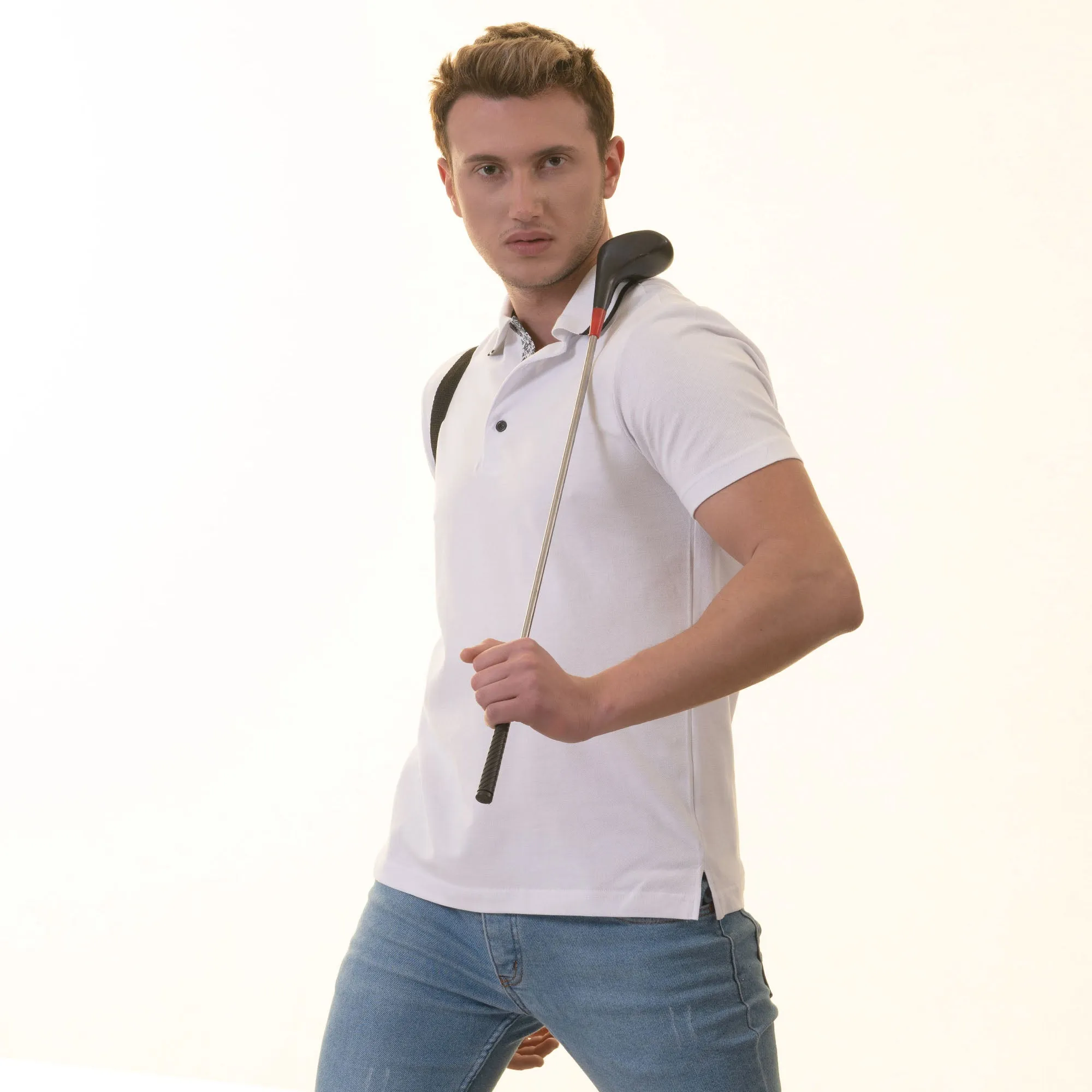 White inside Black Printed Mens Slim Fit Polo Shirts - 100% Soft Cotton - Tailored Comfortable Fit