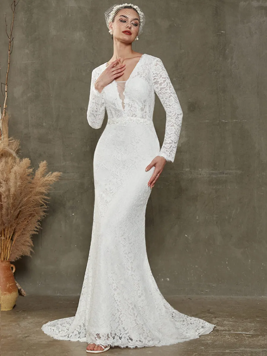 White Sheath Lace Chapel Train V-Neck Wedding Dress With Long Sleeves