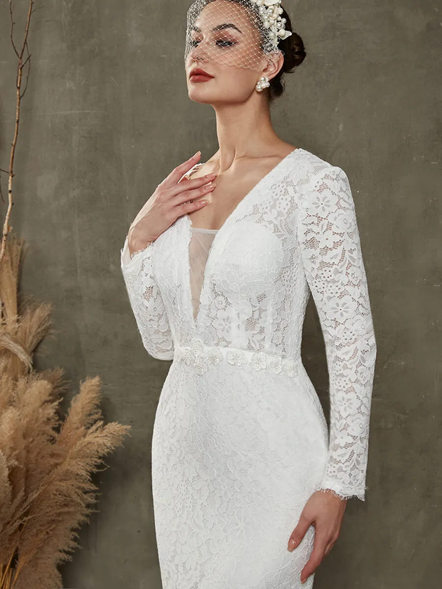 White Sheath Lace Chapel Train V-Neck Wedding Dress With Long Sleeves