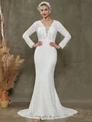 White Sheath Lace Chapel Train V-Neck Wedding Dress With Long Sleeves