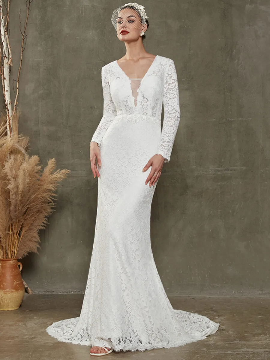 White Sheath Lace Chapel Train V-Neck Wedding Dress With Long Sleeves