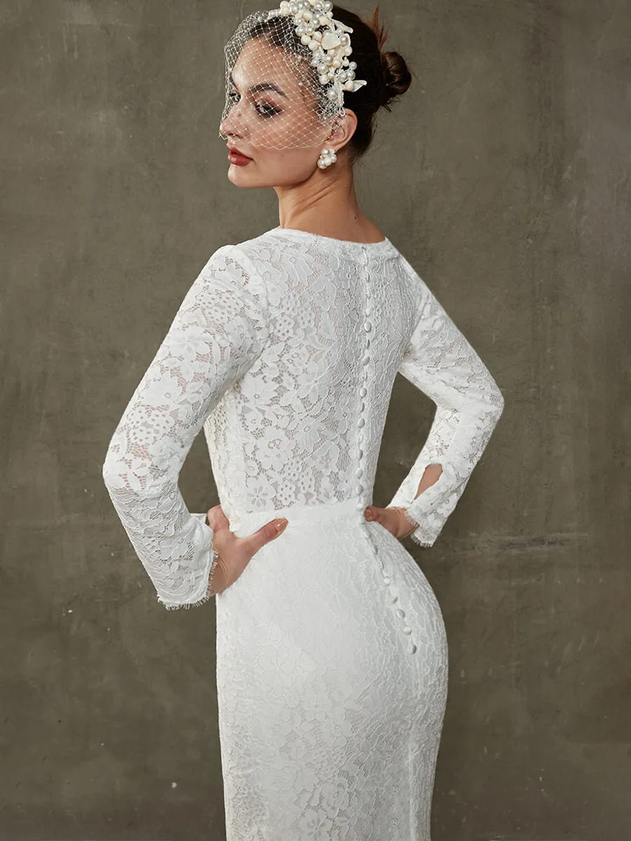 White Sheath Lace Chapel Train V-Neck Wedding Dress With Long Sleeves