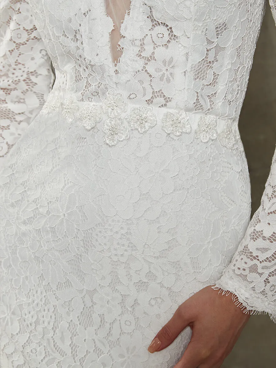 White Sheath Lace Chapel Train V-Neck Wedding Dress With Long Sleeves