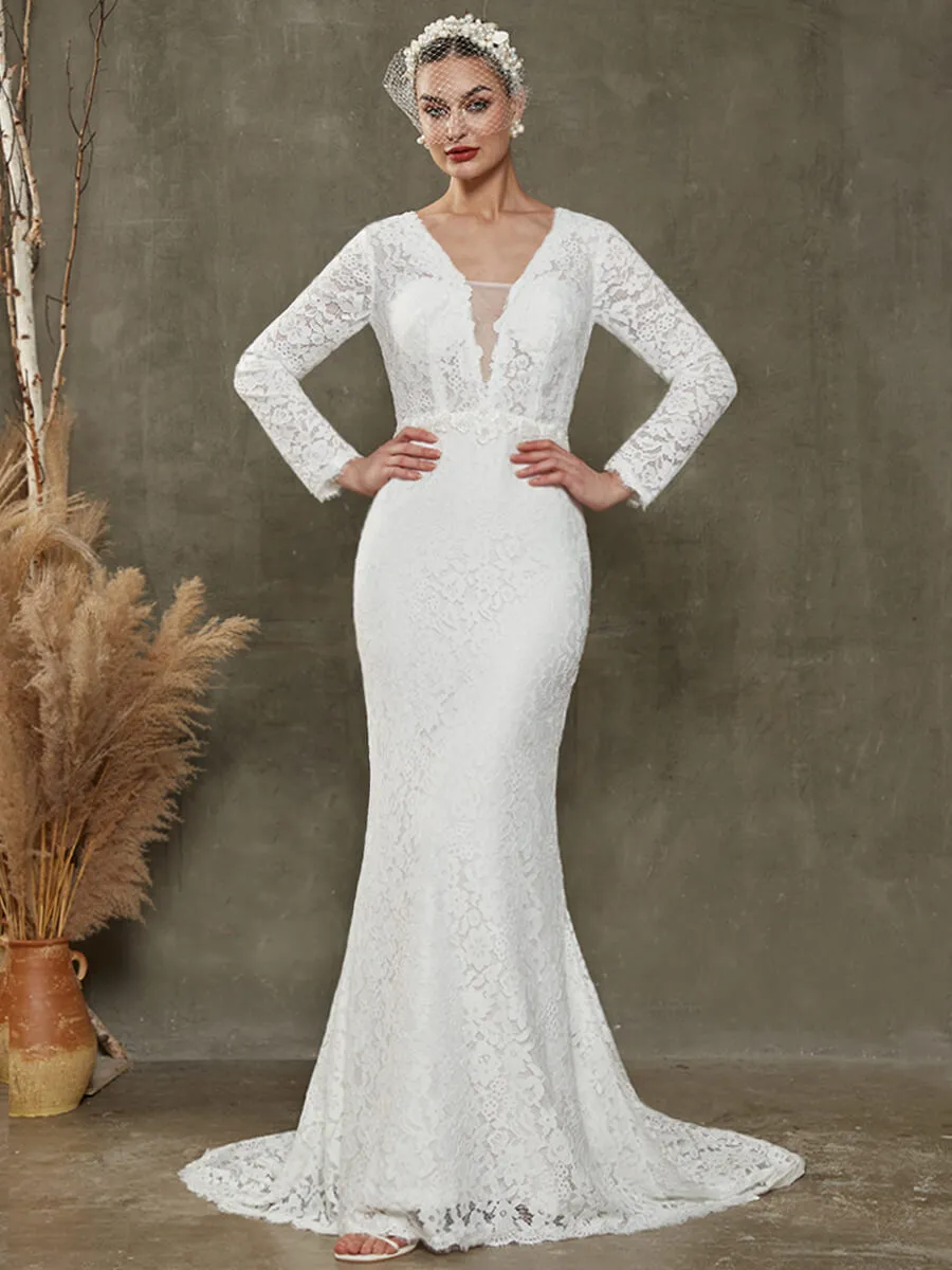 White Sheath Lace Chapel Train V-Neck Wedding Dress With Long Sleeves