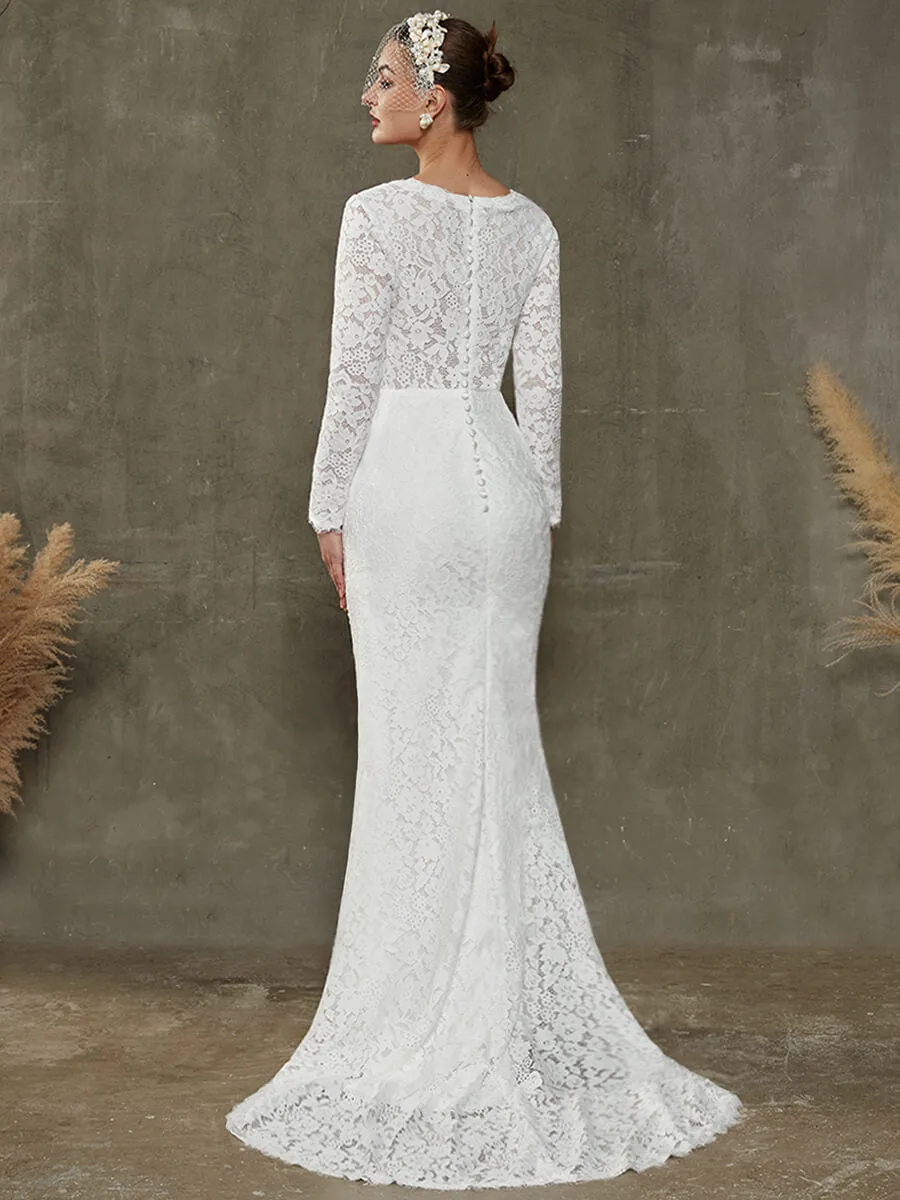White Sheath Lace Chapel Train V-Neck Wedding Dress With Long Sleeves