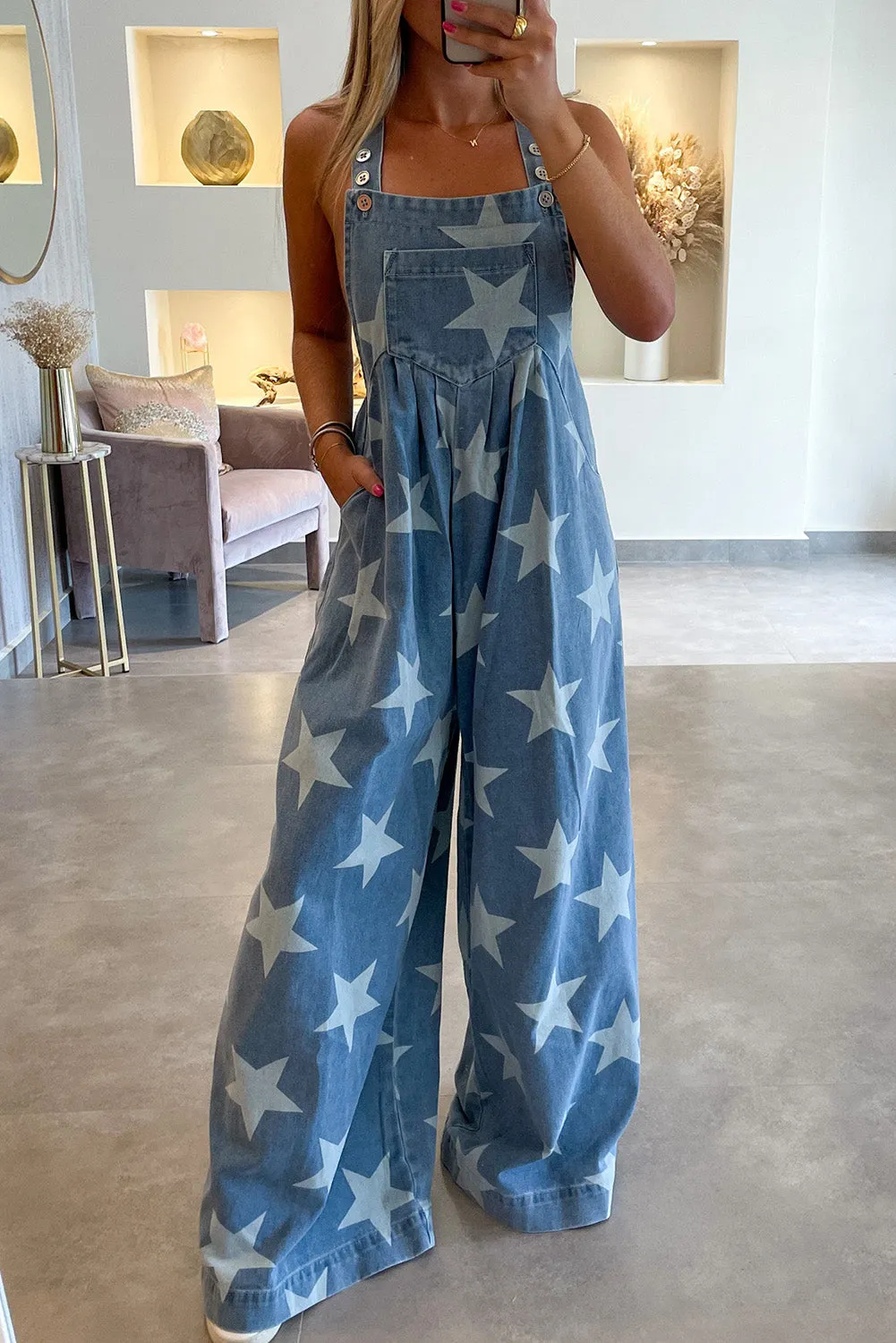 White Star Print Buttoned Strap Pleat Wide Leg Denim Overall