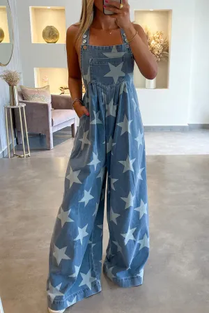 White Star Print Buttoned Strap Pleat Wide Leg Denim Overall