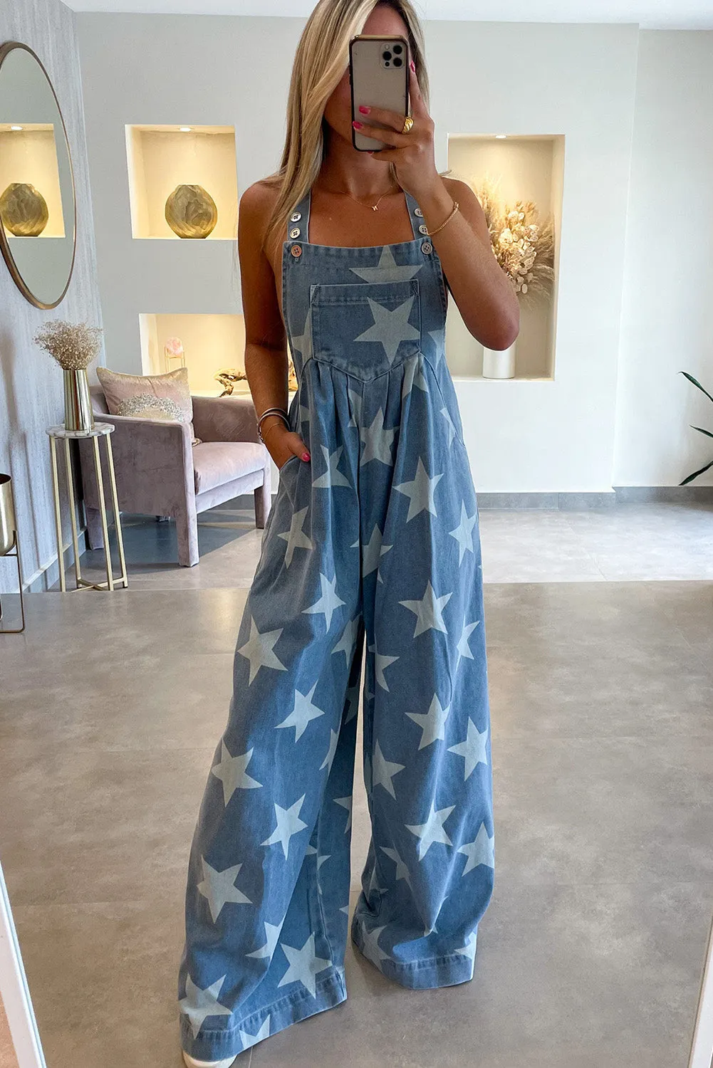 White Star Print Buttoned Strap Pleat Wide Leg Denim Overall