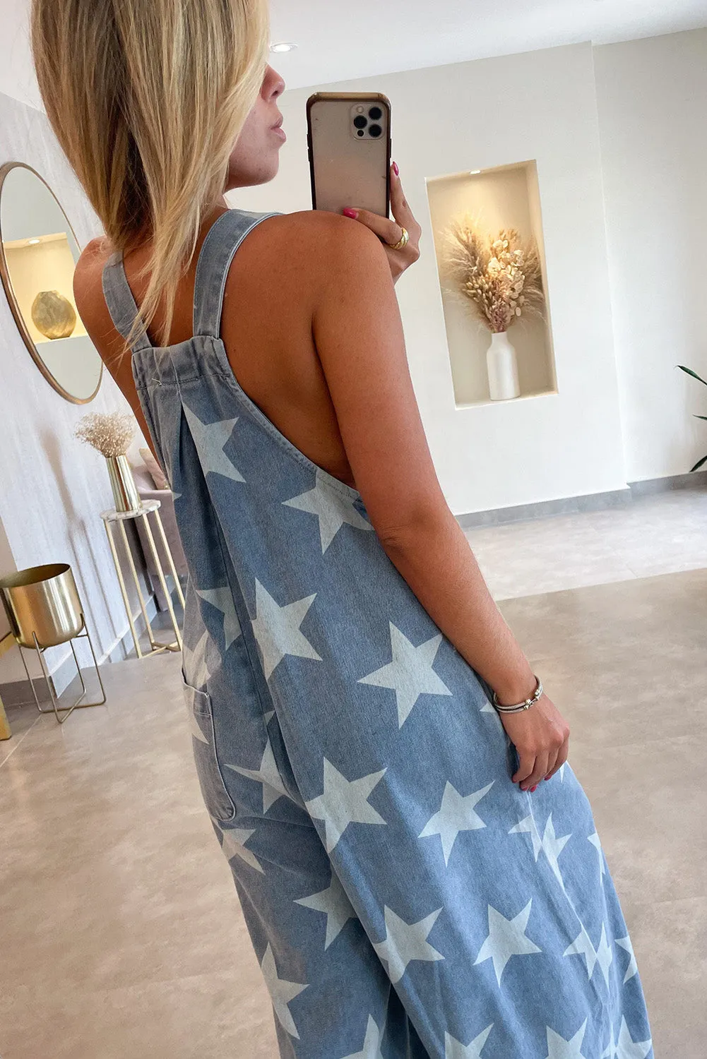 White Star Print Buttoned Strap Pleat Wide Leg Denim Overall