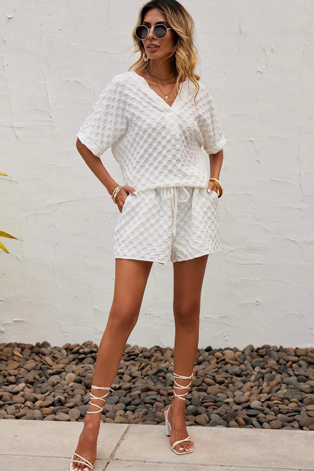 White Textured Split Neck Top and Drawstring Shorts
