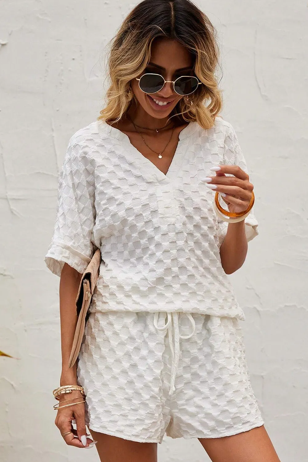 White Textured Split Neck Top and Drawstring Shorts