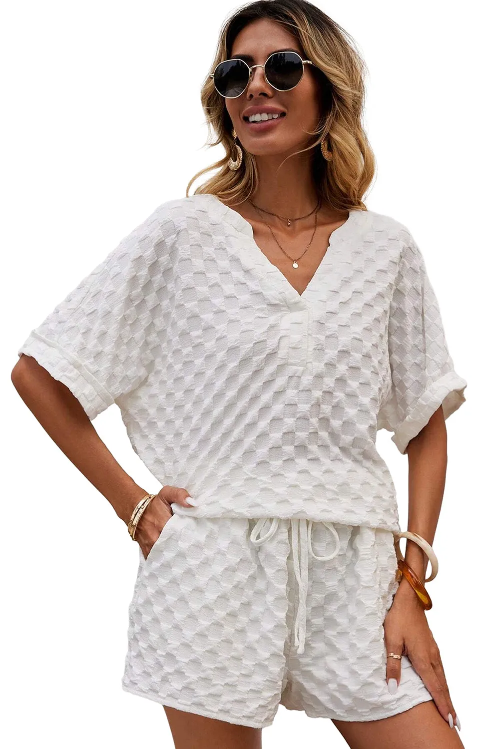 White Textured Split Neck Top and Drawstring Shorts