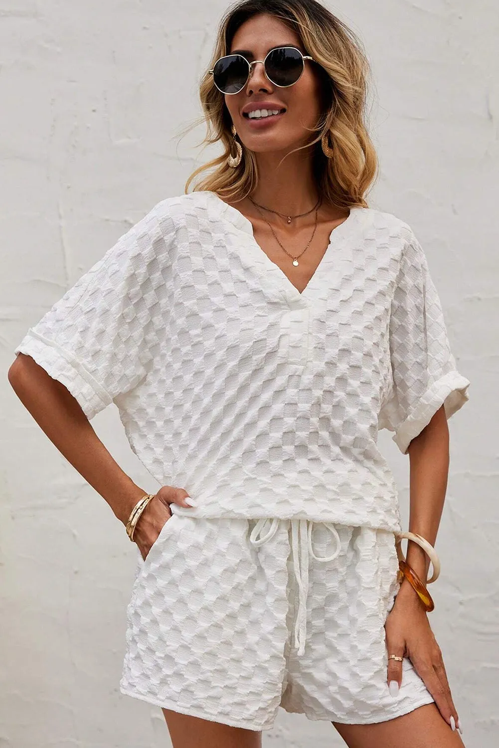 White Textured Split Neck Top and Drawstring Shorts