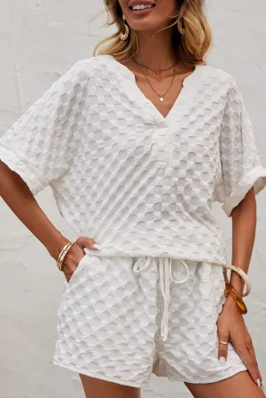 White Textured Split Neck Top and Drawstring Shorts