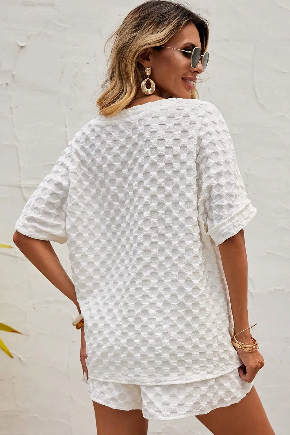 White Textured Split Neck Top and Drawstring Shorts