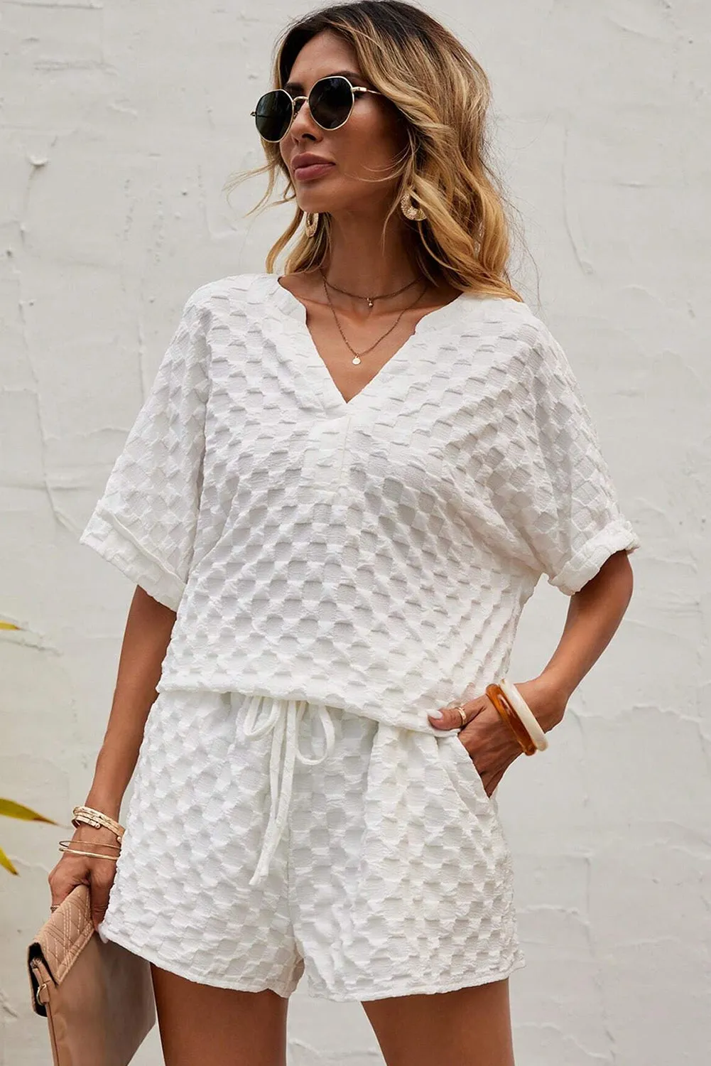 White Textured Split Neck Top and Drawstring Shorts