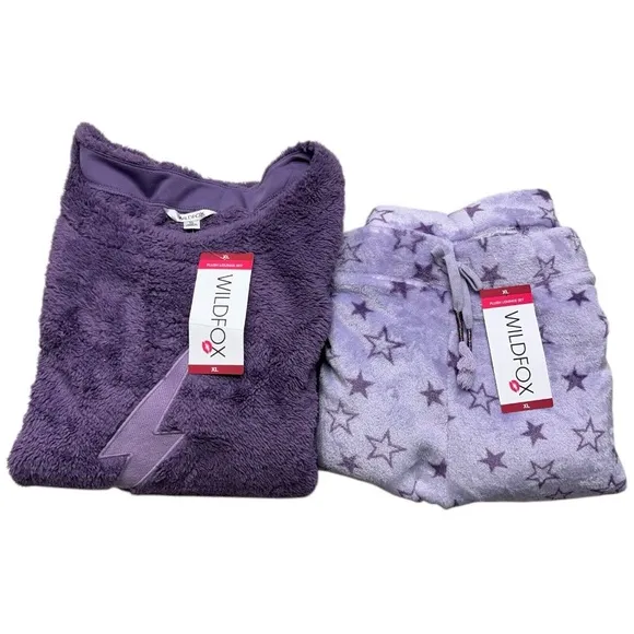 Wildfox Plush Lounge Set Pajamas Women XL Purple with Lightning And Stars SOFT