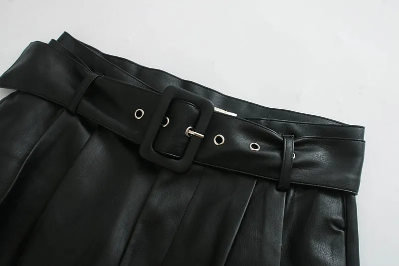 Winter New Women Orange Color PU Bermuda Shorts Faux Leather Belted Shorts