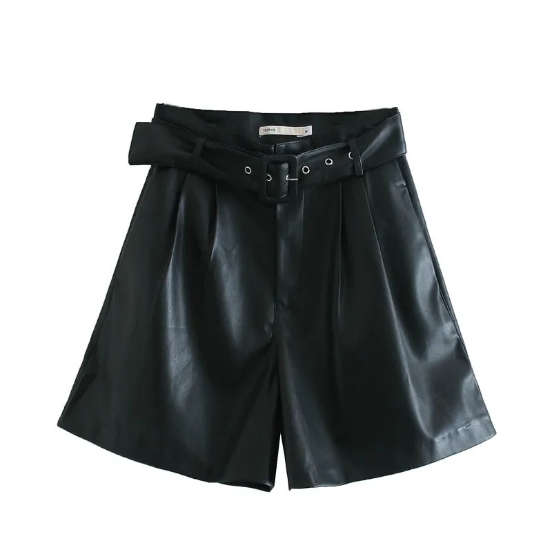 Winter New Women Orange Color PU Bermuda Shorts Faux Leather Belted Shorts