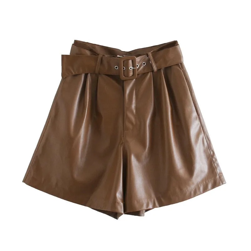Winter New Women Orange Color PU Bermuda Shorts Faux Leather Belted Shorts