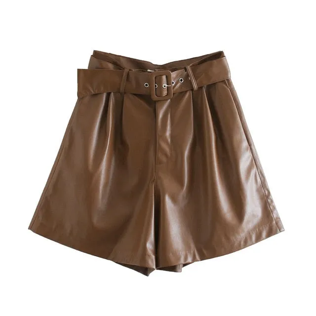 Winter New Women Orange Color PU Bermuda Shorts Faux Leather Belted Shorts