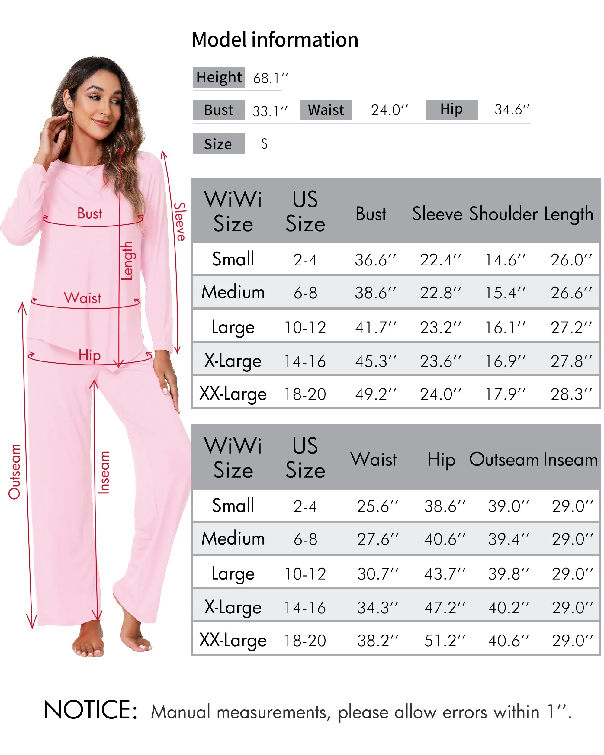WiWi Womens Bamboo Long Sleeve Sleepwear Pjs