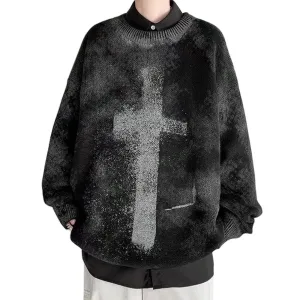 WLS Dark Tie Dye Cross Knitted Sweater