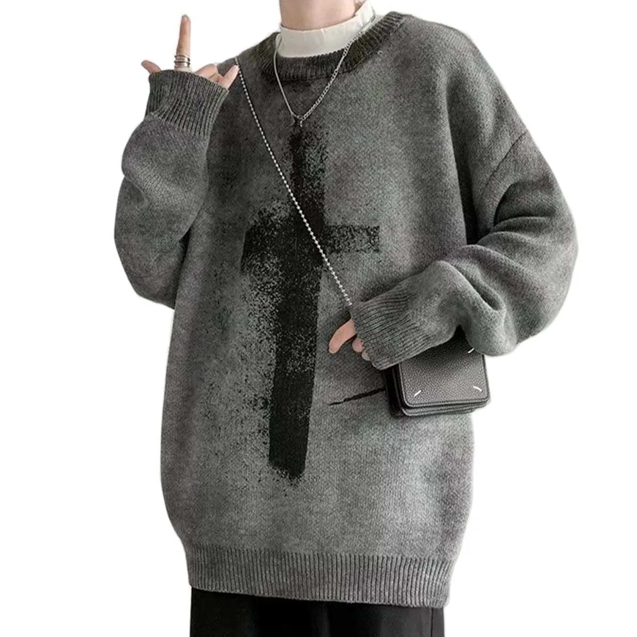WLS Dark Tie Dye Cross Knitted Sweater