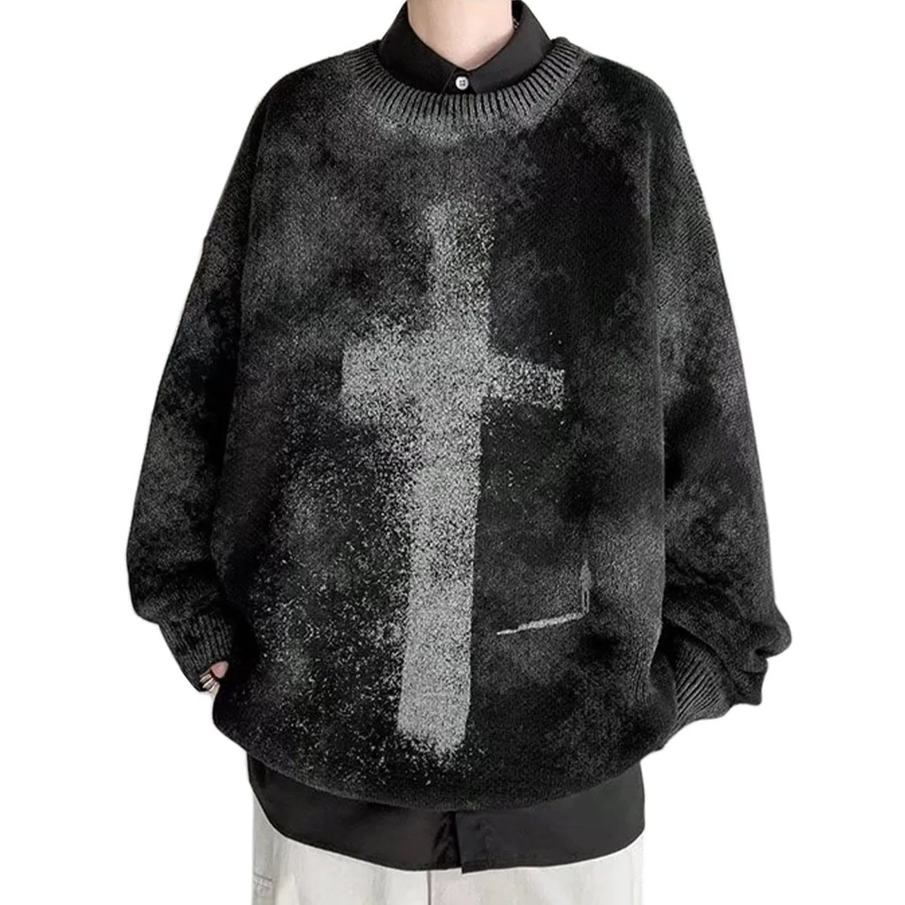 WLS Dark Tie Dye Cross Knitted Sweater