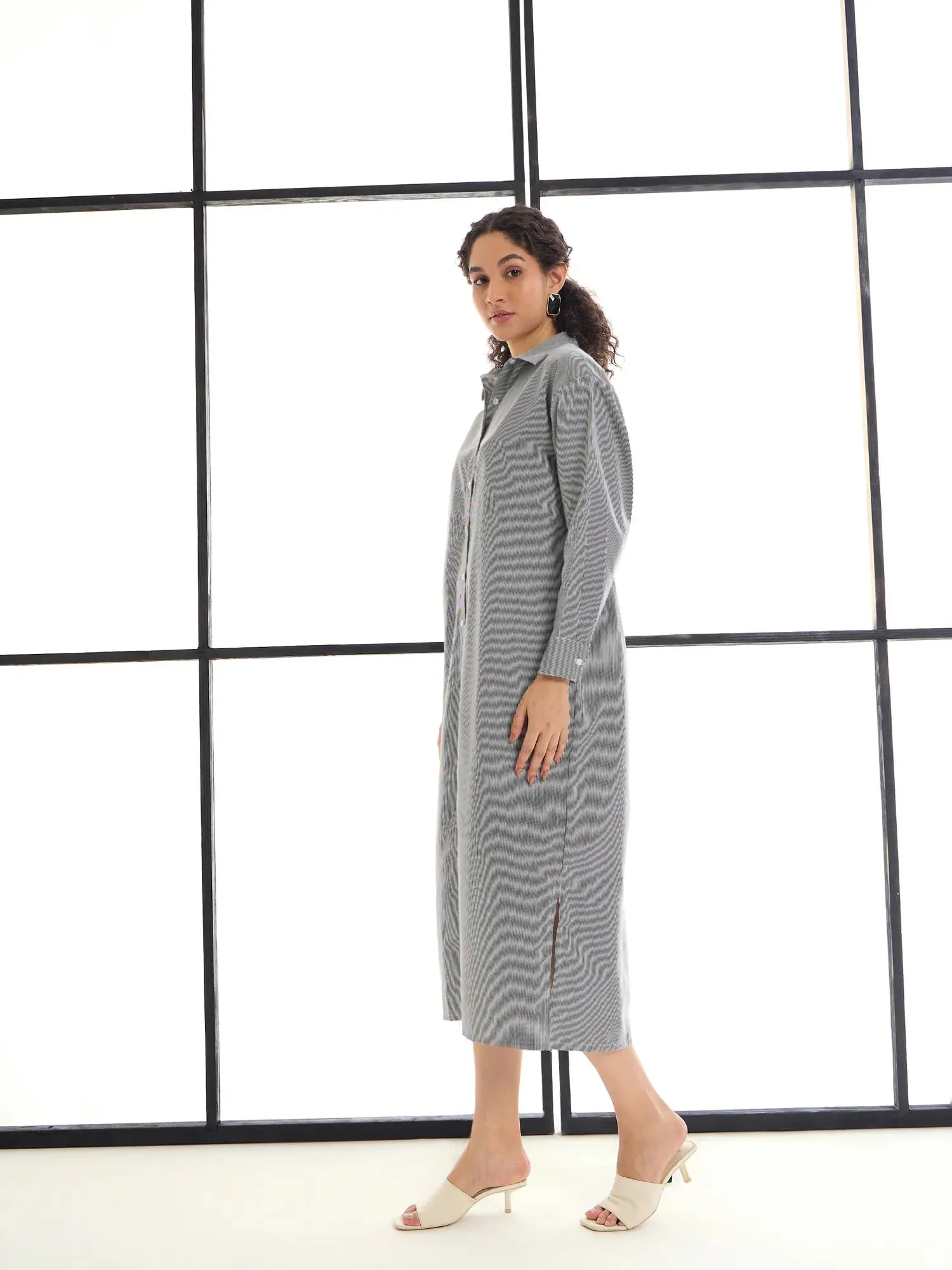 Women Black & White Stripes Lounge Longline Shirt Dress-SFDRSS12415