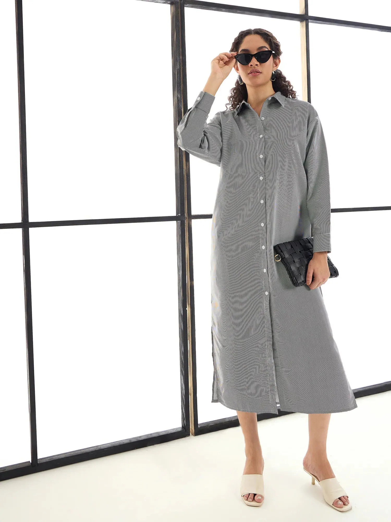 Women Black & White Stripes Lounge Longline Shirt Dress-SFDRSS12415