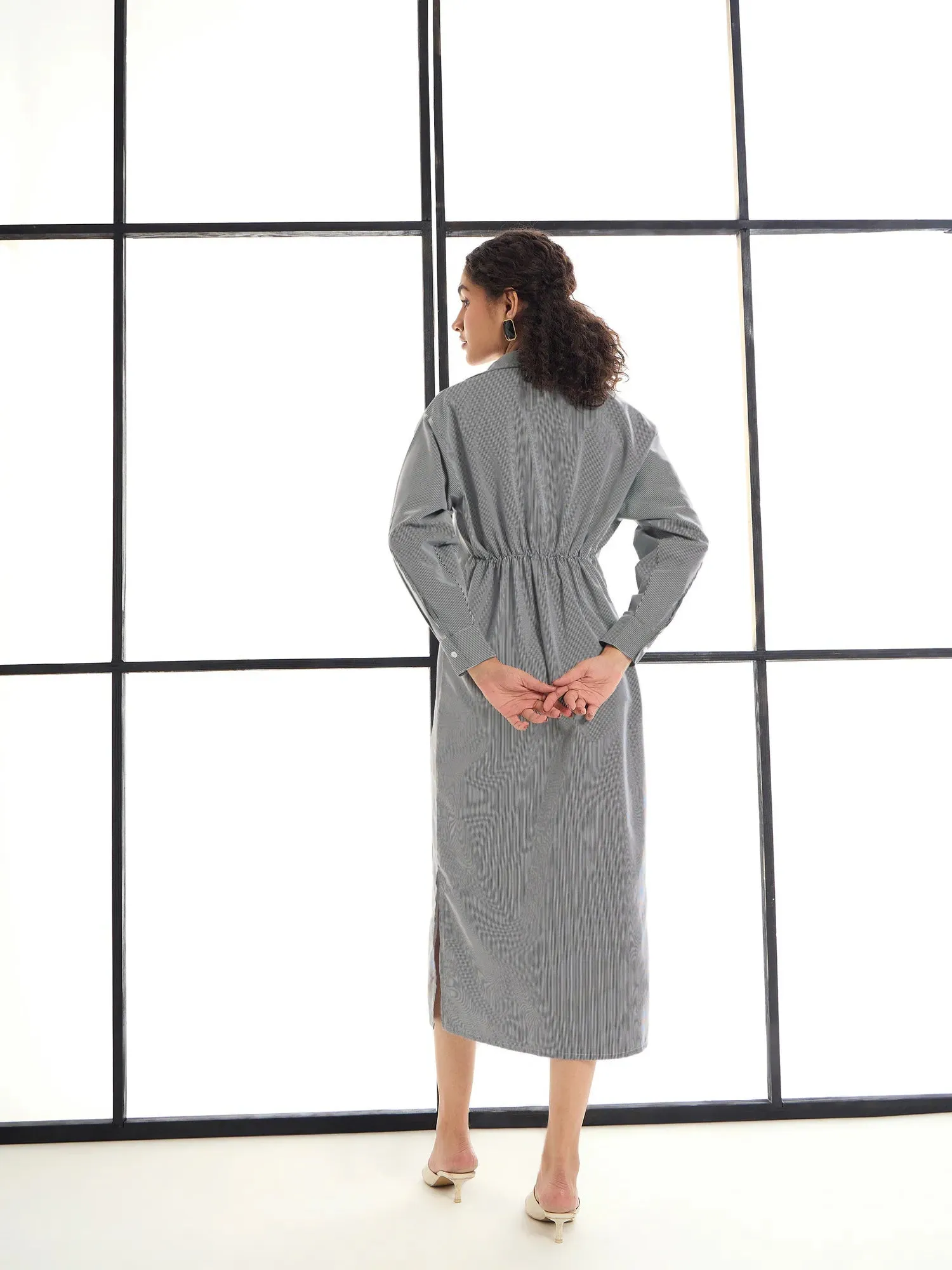 Women Black & White Stripes Lounge Longline Shirt Dress-SFDRSS12415