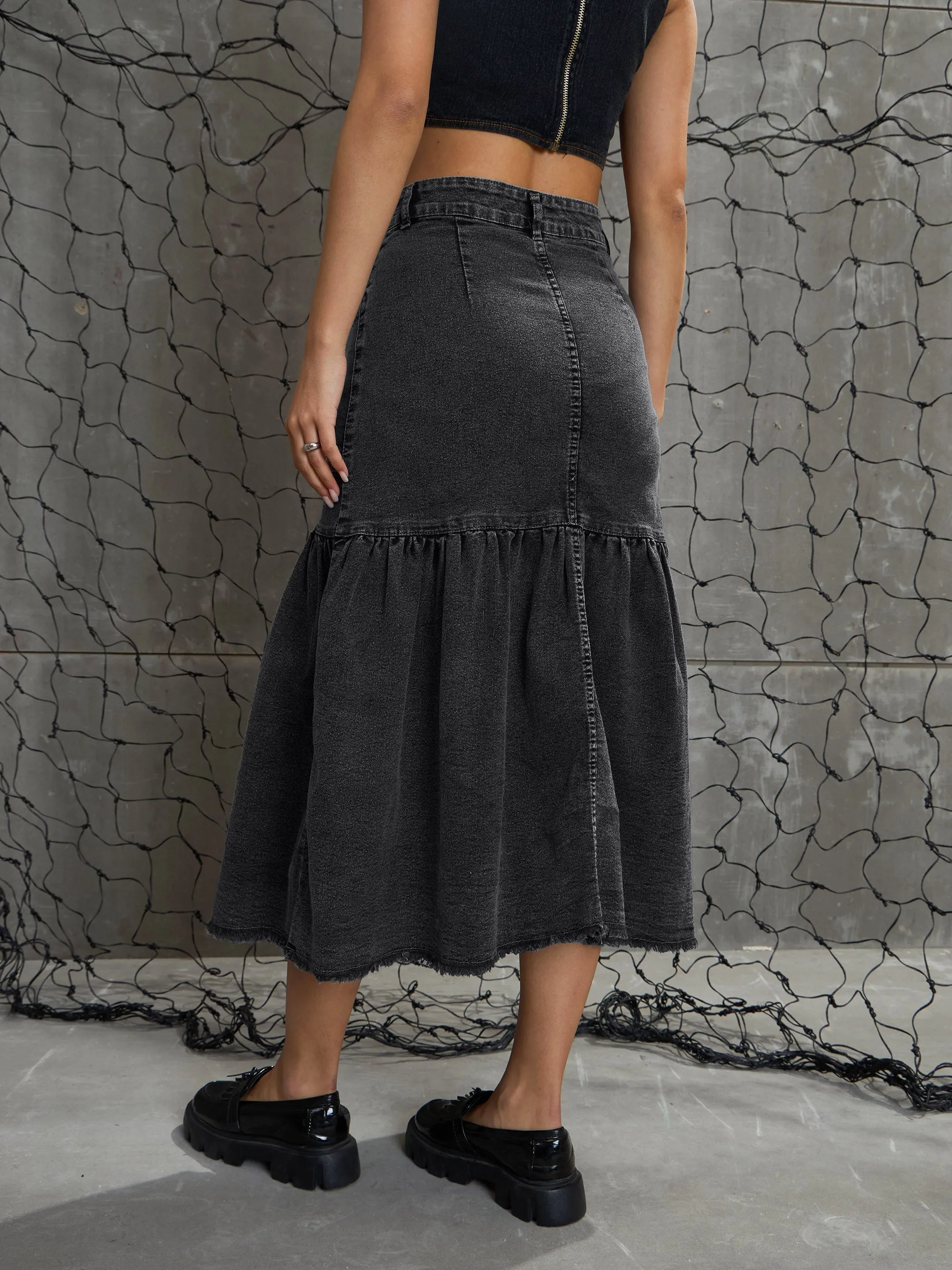 Women Grey Washed Denim Flared Midi Skirt