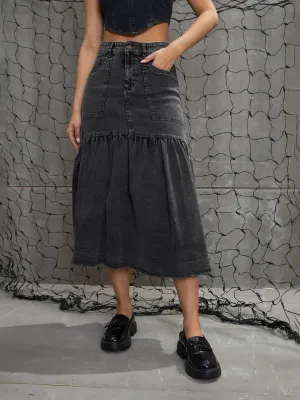 Women Grey Washed Denim Flared Midi Skirt