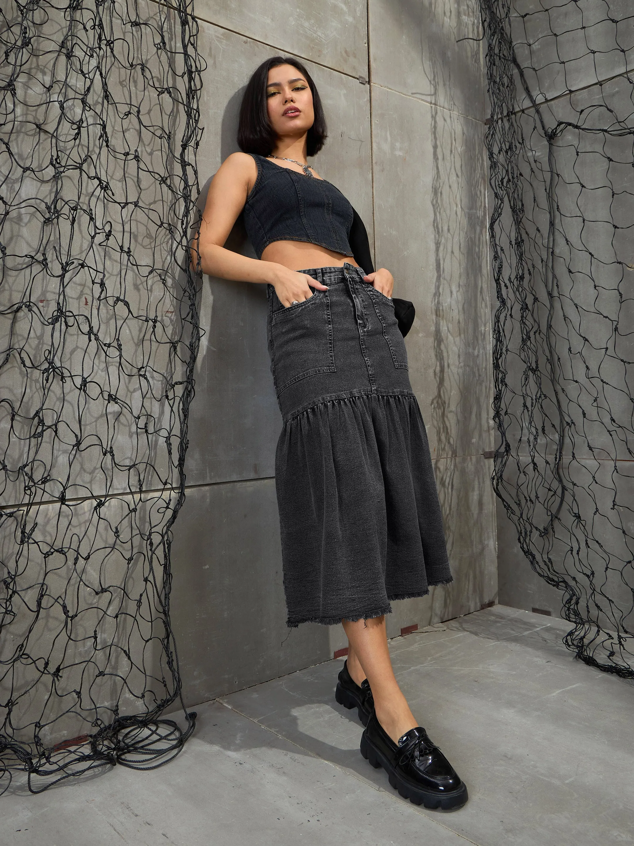 Women Grey Washed Denim Flared Midi Skirt