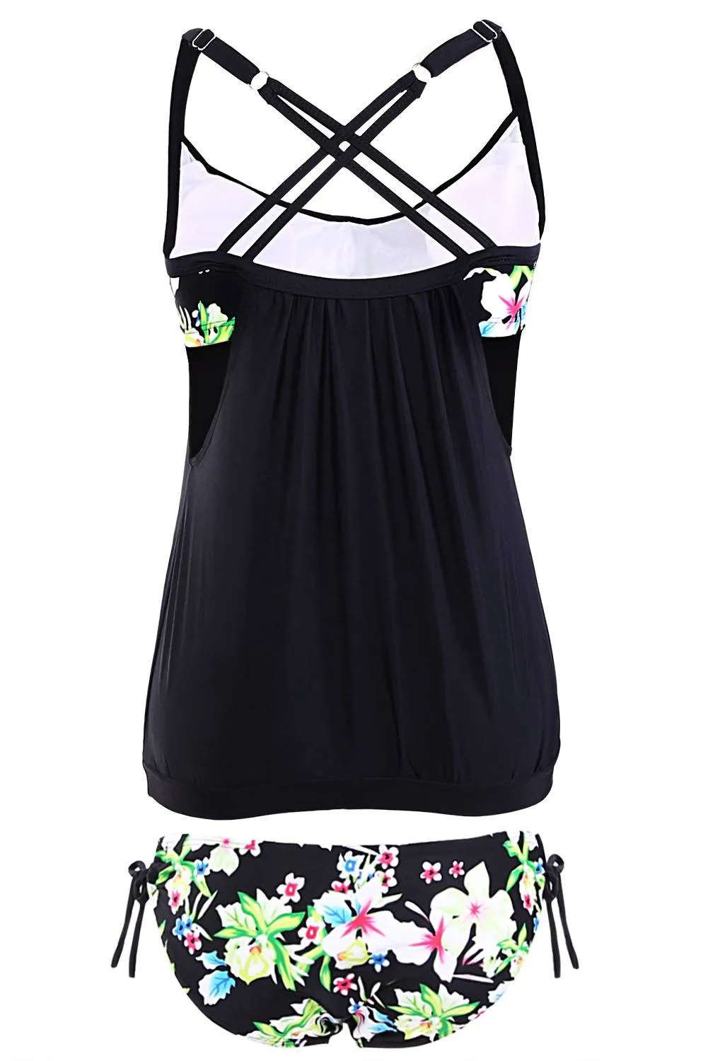 Women Swimwear Floral Print Layered Style Lined up Tankini Two Piece 2 PC Set Bikini