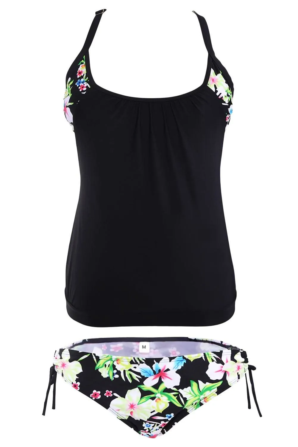 Women Swimwear Floral Print Layered Style Lined up Tankini Two Piece 2 PC Set Bikini
