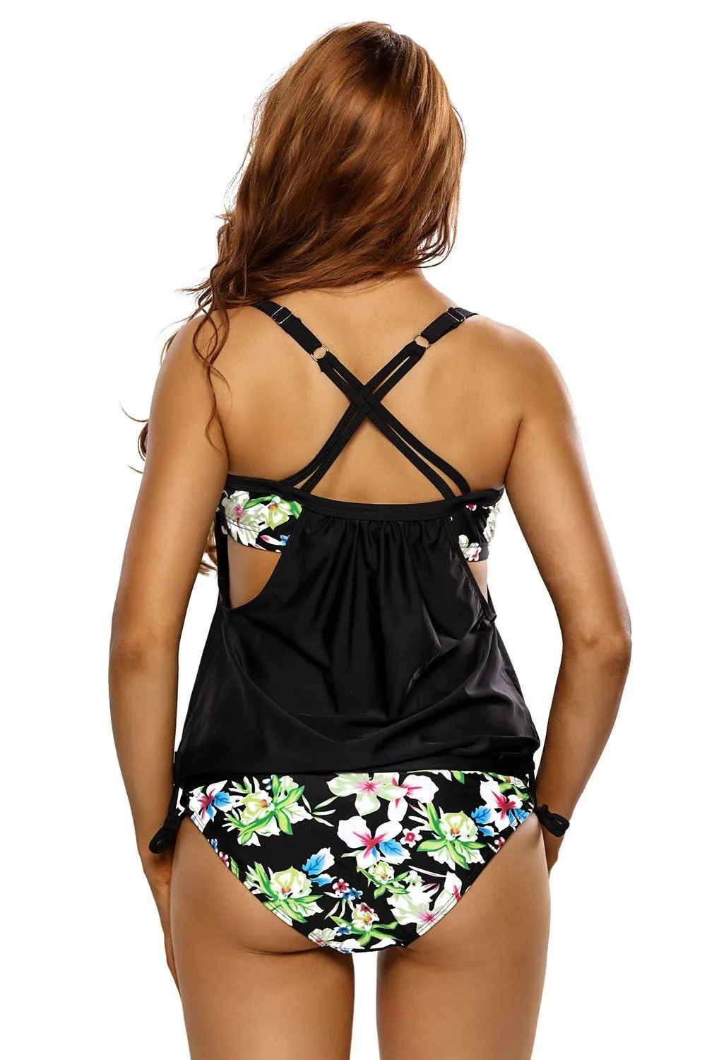 Women Swimwear Floral Print Layered Style Lined up Tankini Two Piece 2 PC Set Bikini