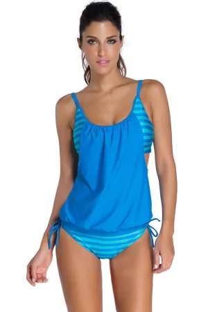 Women Swimwear Turquoise Stripe Print Layered Style Lined up Tankini Two Piece Set Bikini