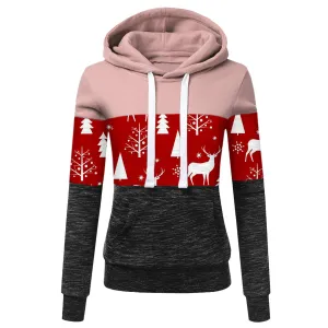 Women's Autumn and Winter New Christmas Print Color Matching Long-sleeved Hooded Drawstring Sweater